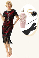 Schwarzes rotes Pailletten Fransen Kappenärmelkleid aus den 1920er Jahren mit Accessoires